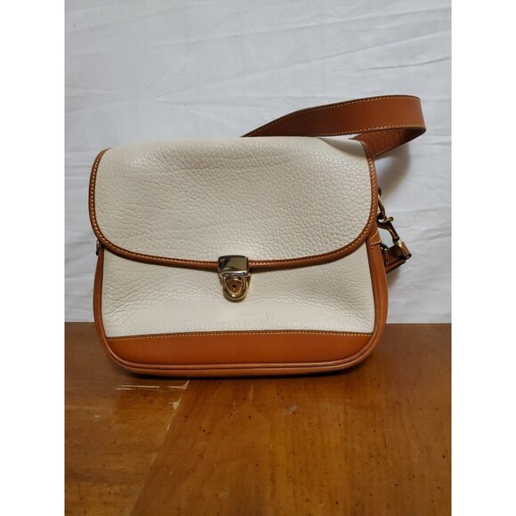 Dooney & Bourke Saddle Bag AWL Leather Push Lock Flap Bag Creme Tan‎ Shoulder - Picture 1 of 13